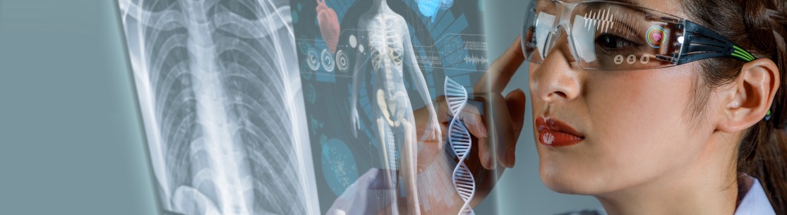 doctor with Augmented Reality glasses watching hologram
