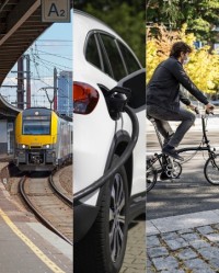 Collage photo durable vers le travail en train, voiture électrique et vélo