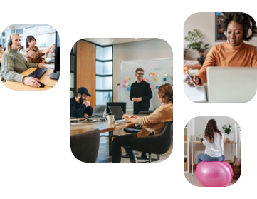 Fotocollaga van medewerkers die zowel van thuis uit als op kantoor werken.